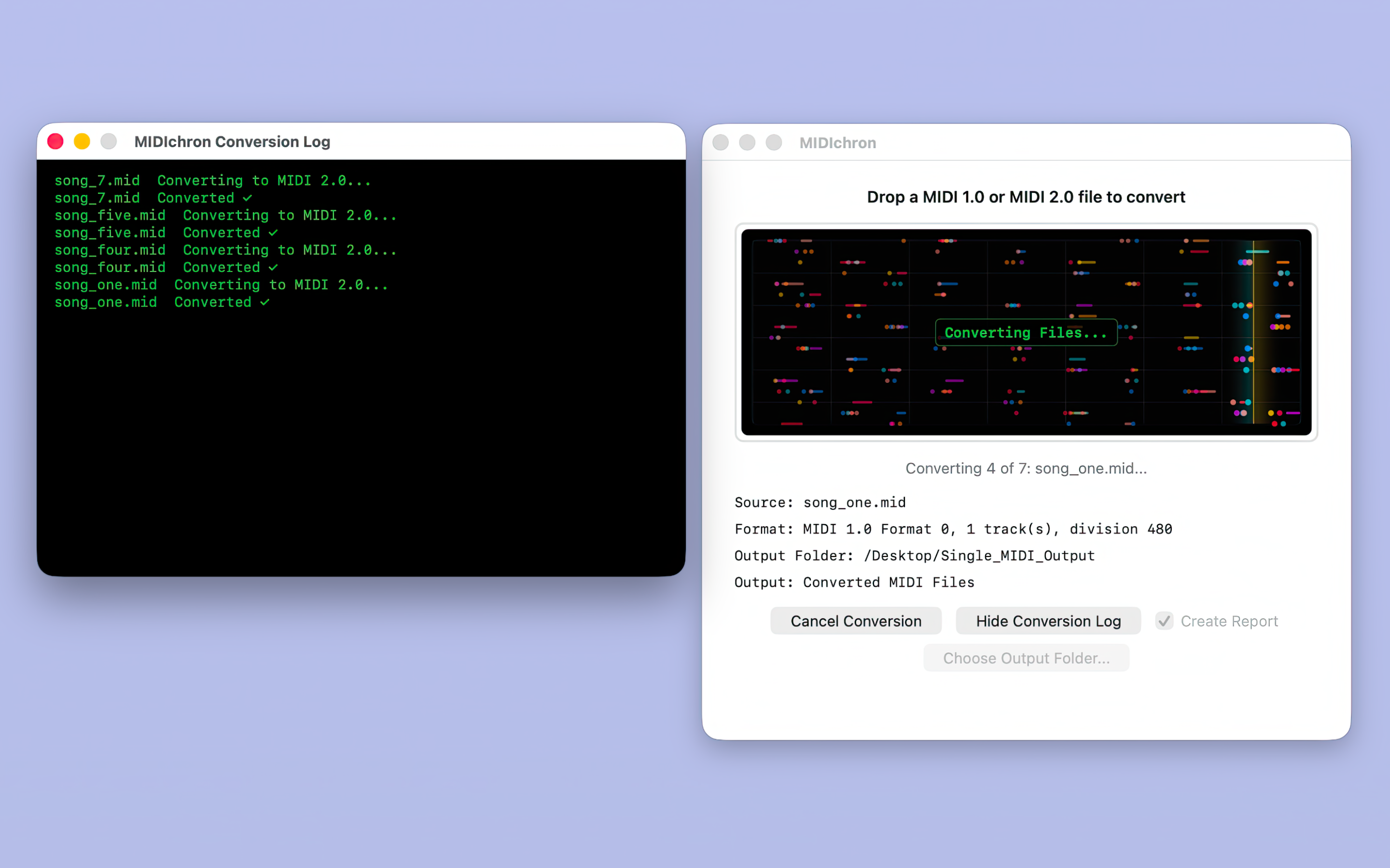 MIDIchron batch conversion with a conversion log visible