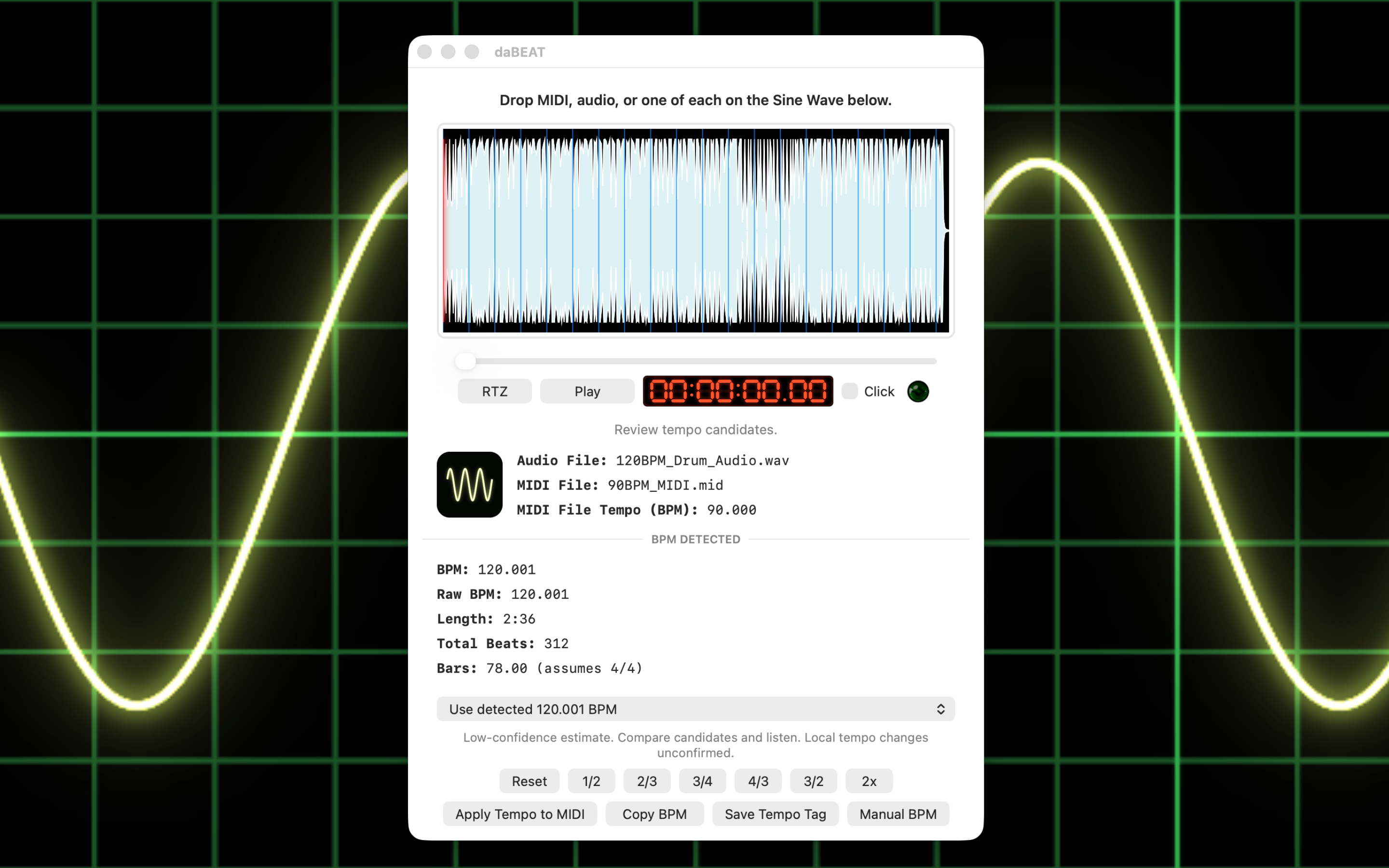 daBEAT with an audio file and MIDI file loaded for applying the selected BPM
