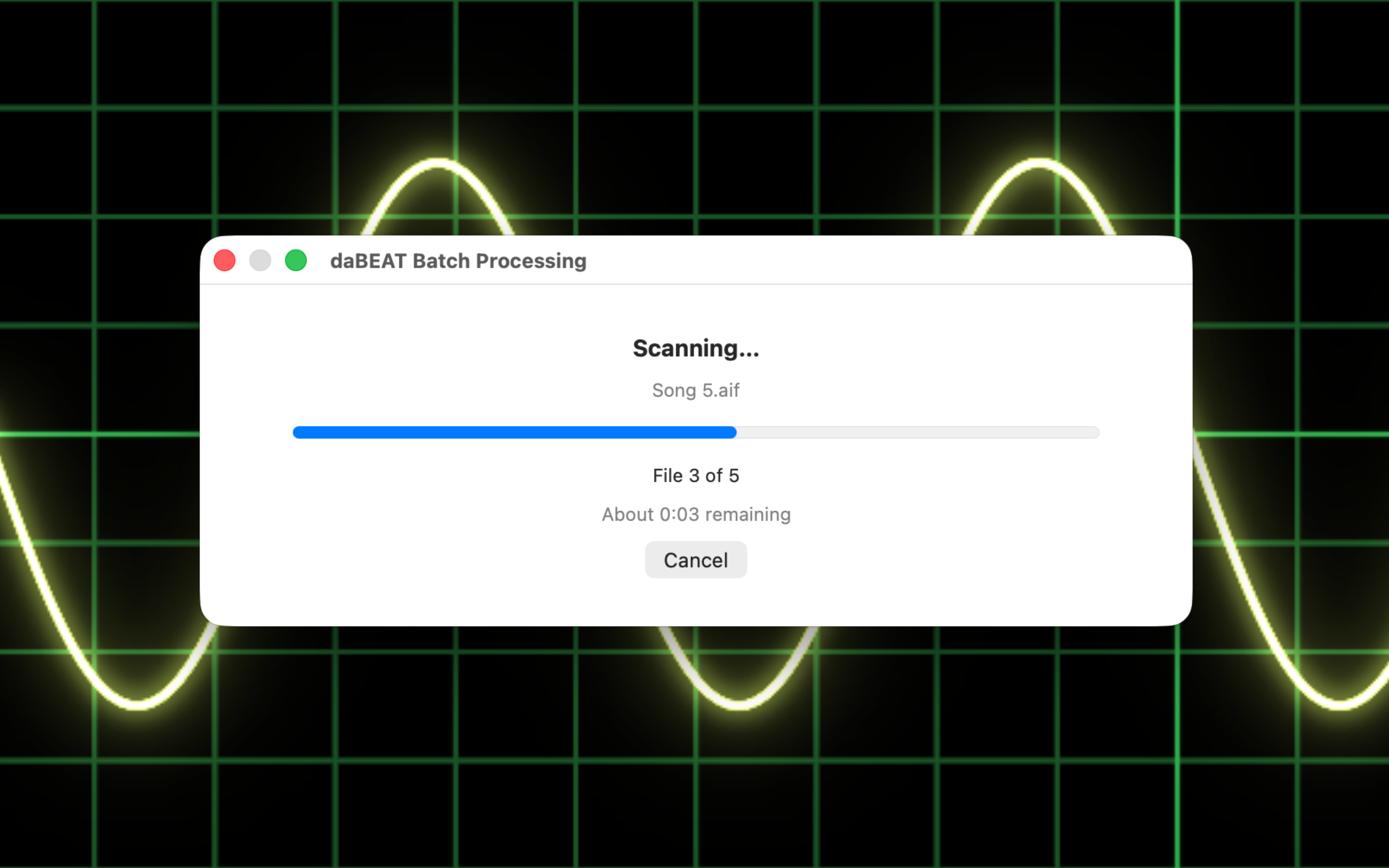 daBEAT Batch Processing scanning audio files with a progress bar, file count, and time remaining