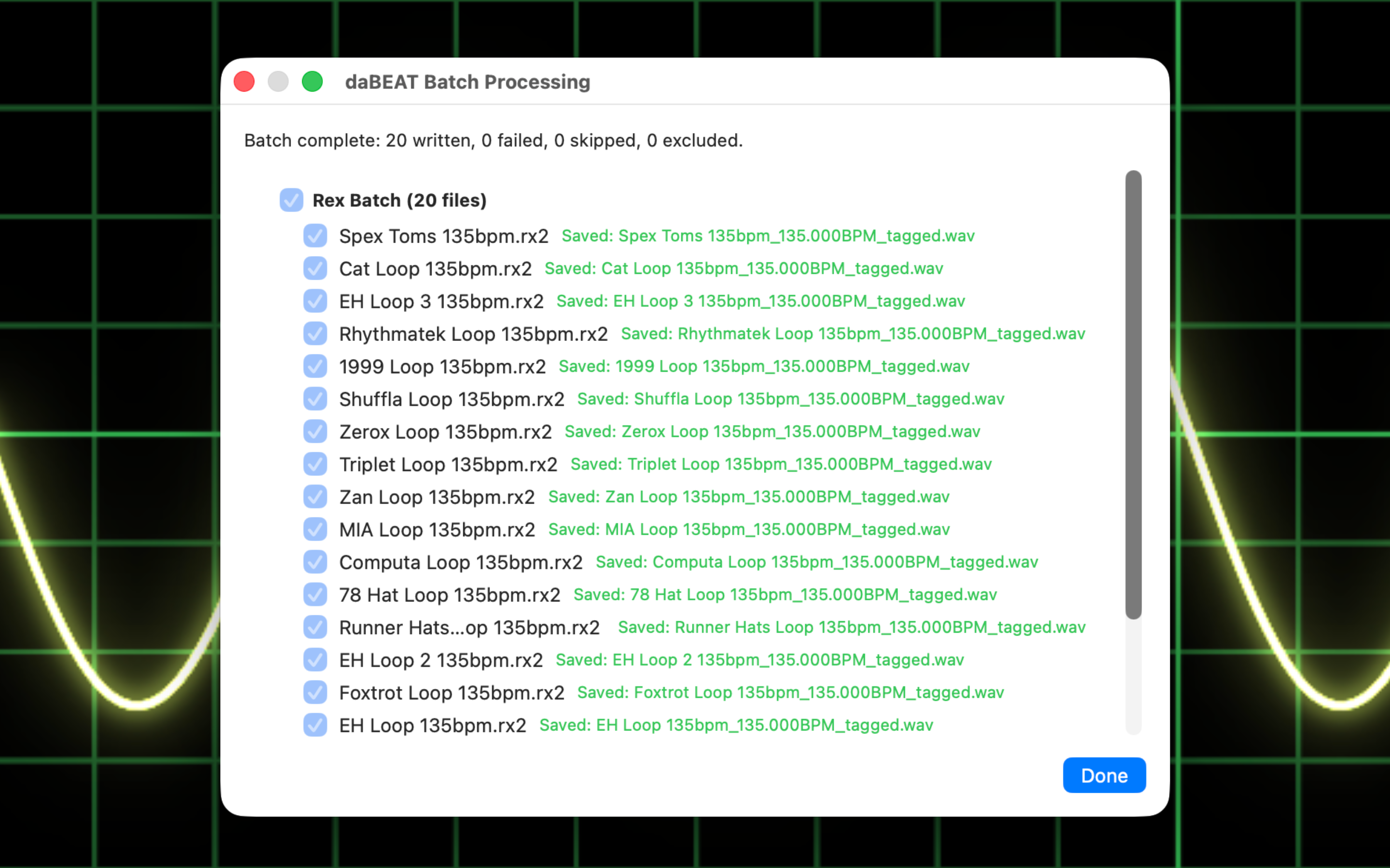 daBEAT completed batch REX2 conversion showing saved BPM-tagged WAV filenames