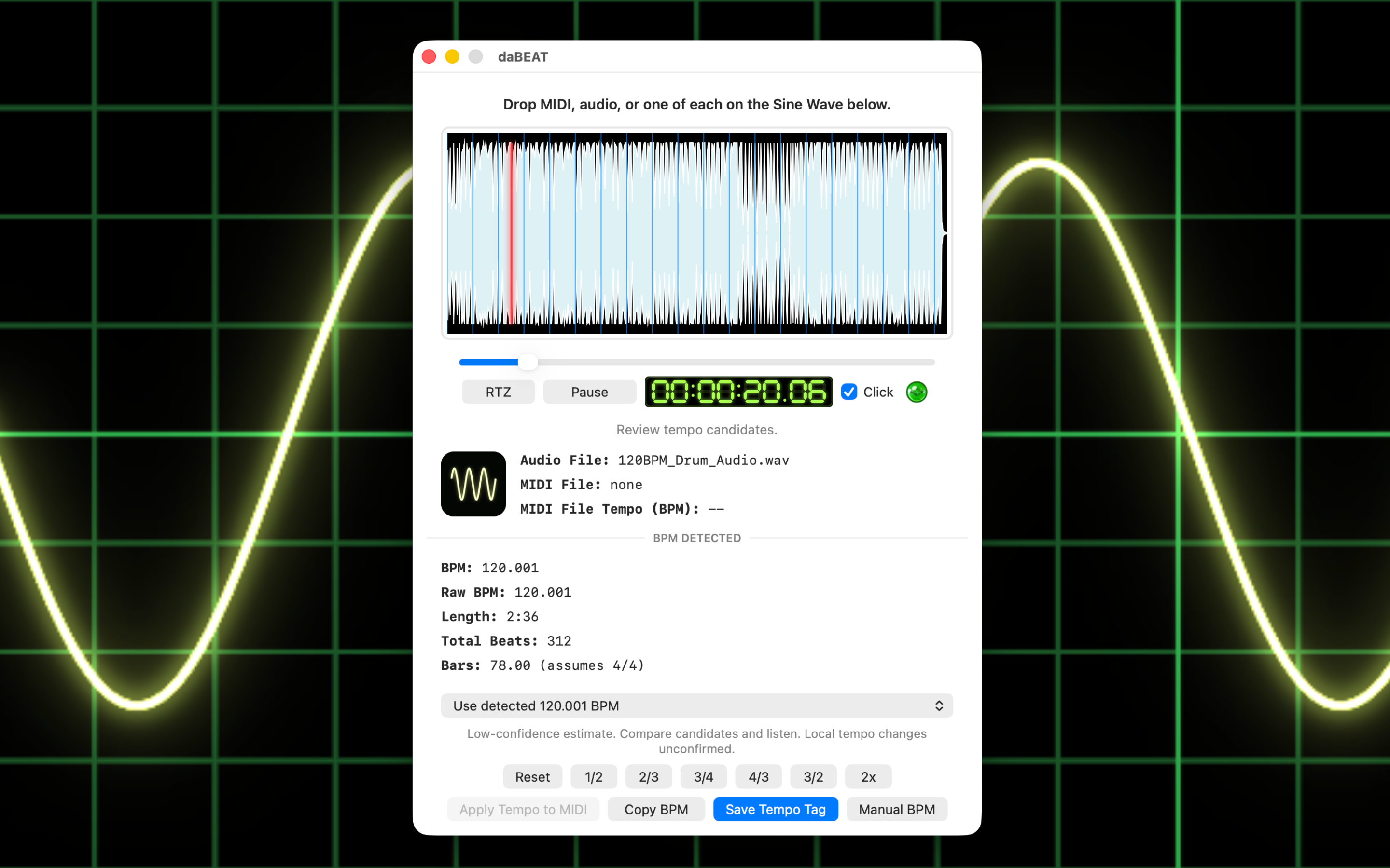 daBEAT playing audio with Click enabled, a green beat indicator, and a lime time counter