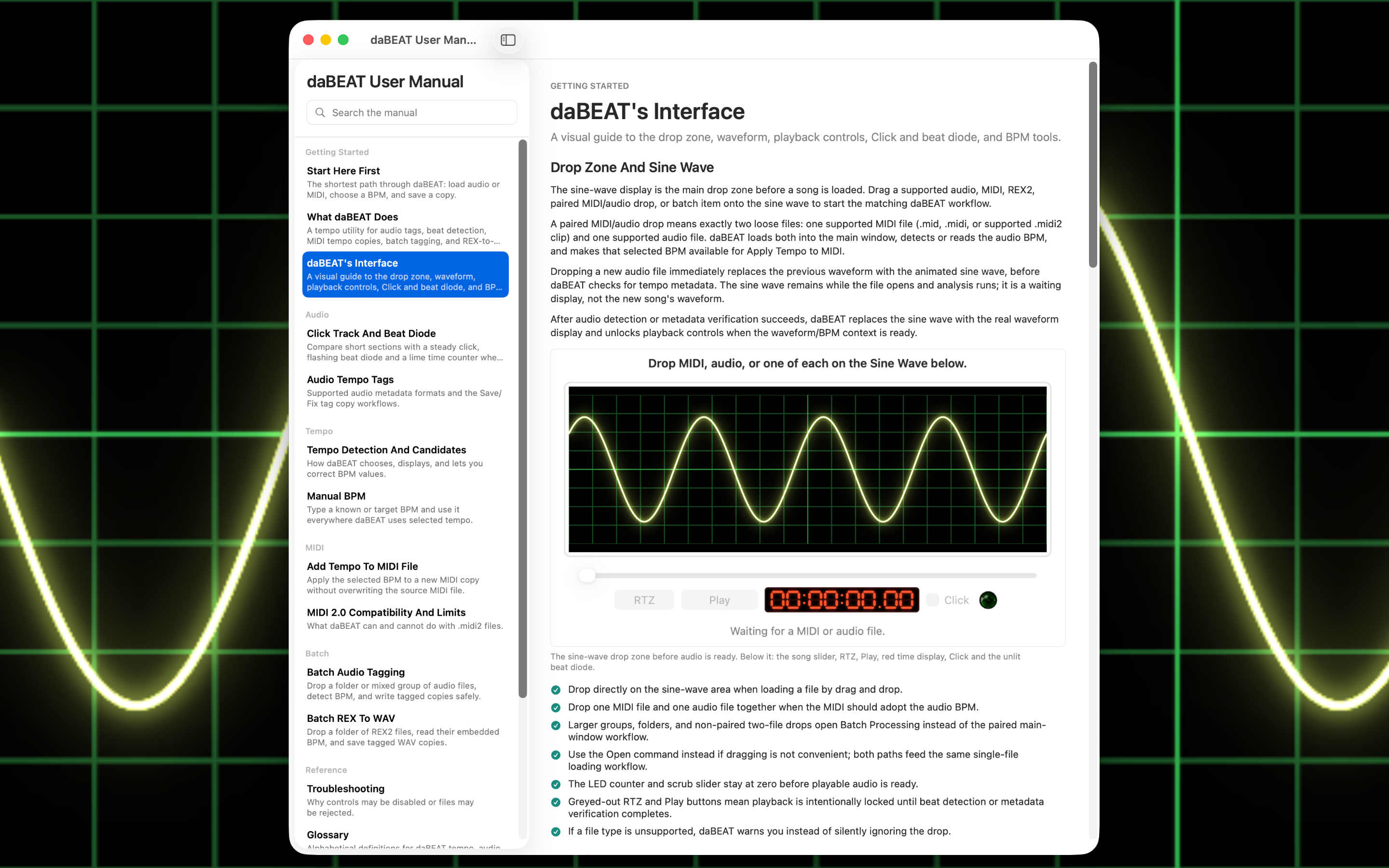 daBEAT’s built-in user manual with topic navigation and illustrated help