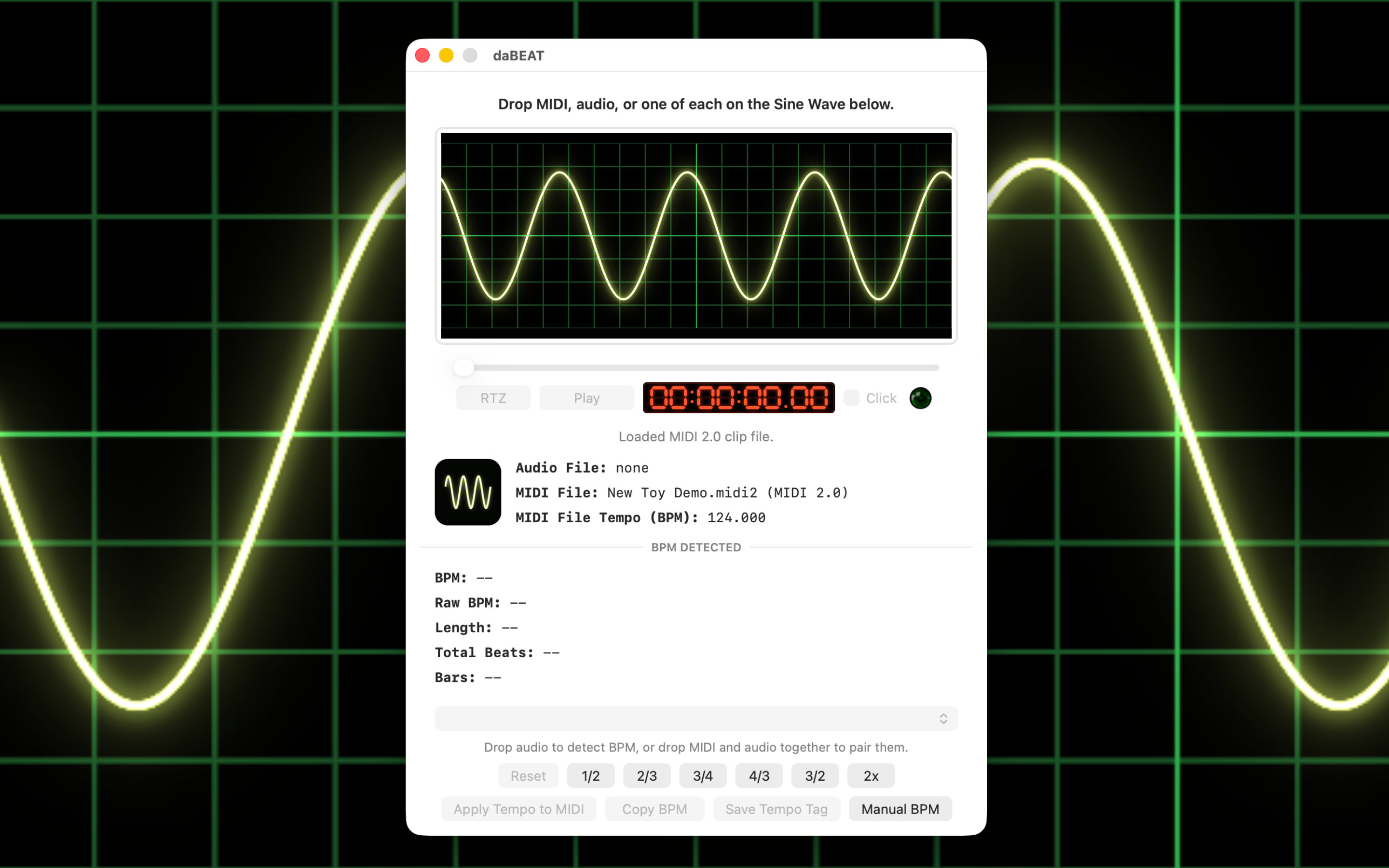 daBEAT displaying a loaded MIDI 2.0 clip and its tempo information