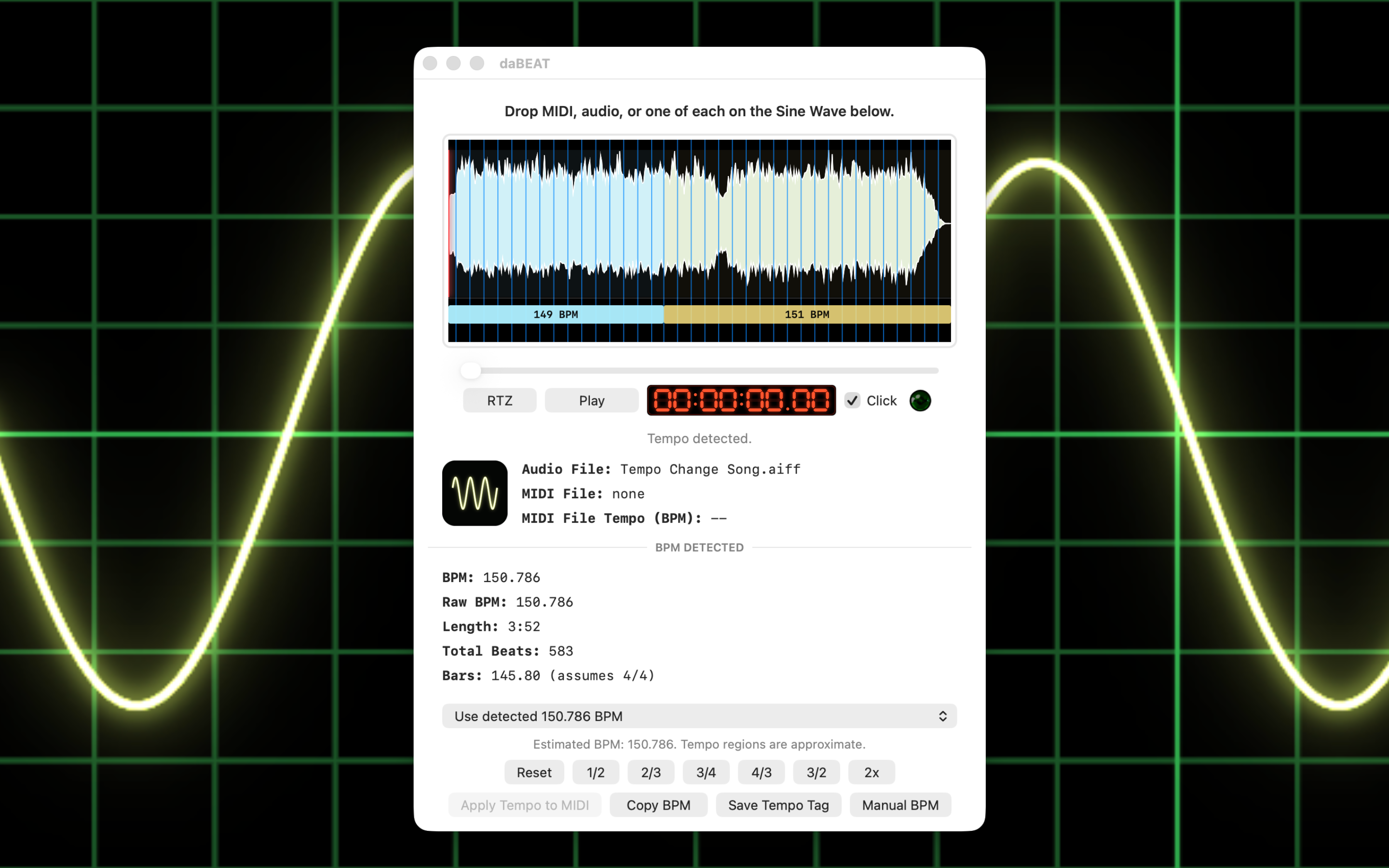 daBEAT waveform and tempo timeline showing local tempo estimates across a recording