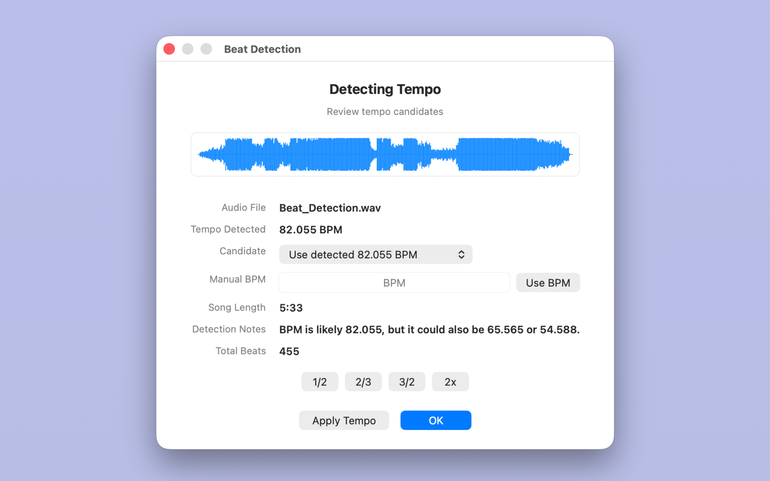 Beat Detection showing an audio waveform, estimated BPM, alternative tempo candidates, and Apply Tempo