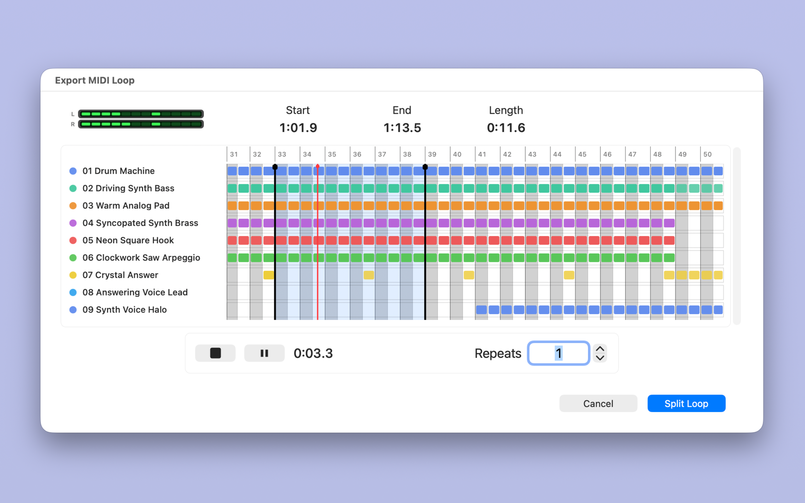 Export MIDI Loop window with a selected passage, track lanes, preview controls, and repeat count