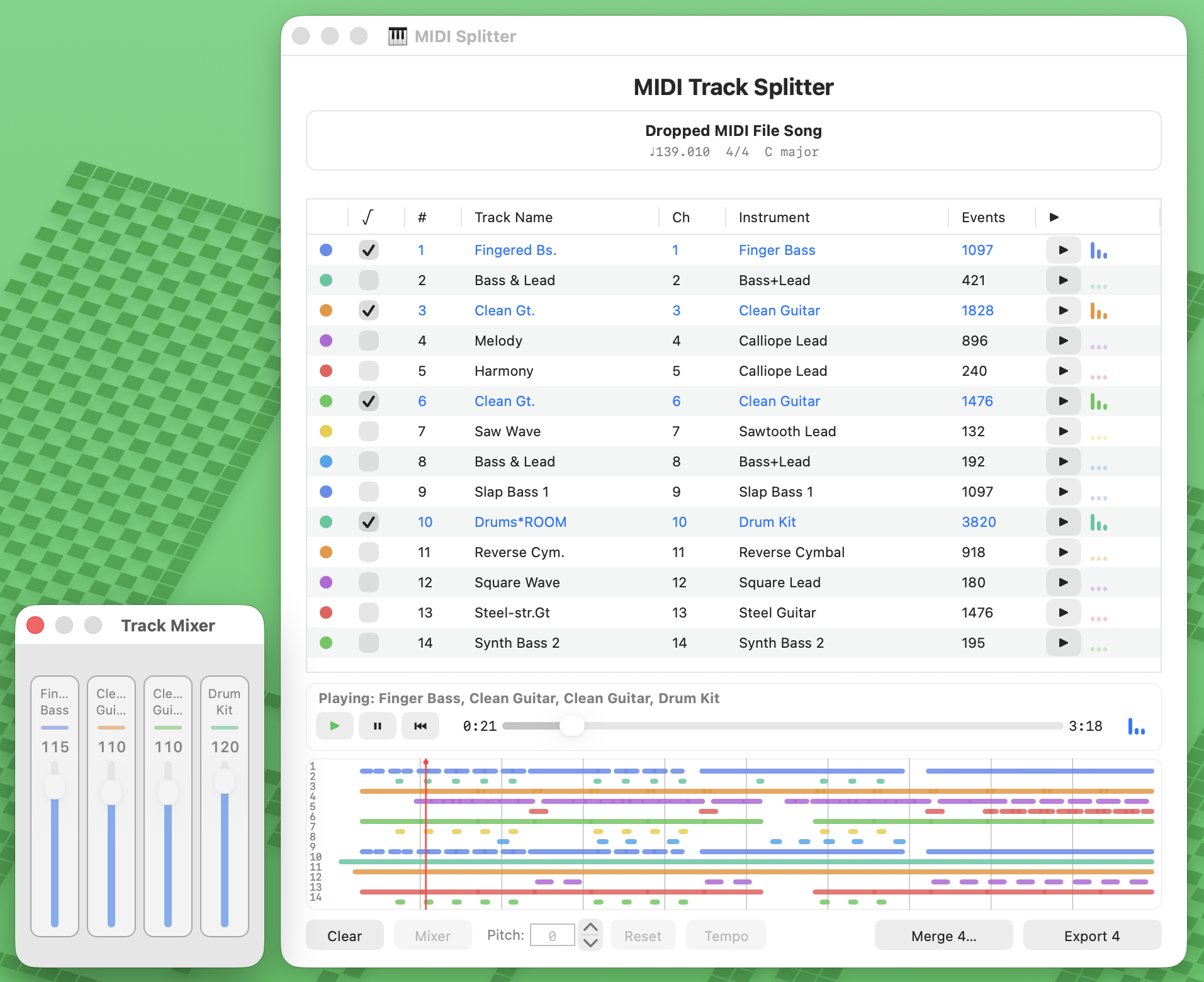 MIDISplitter with four selected tracks, playback active, and merge and export buttons for the selected tracks