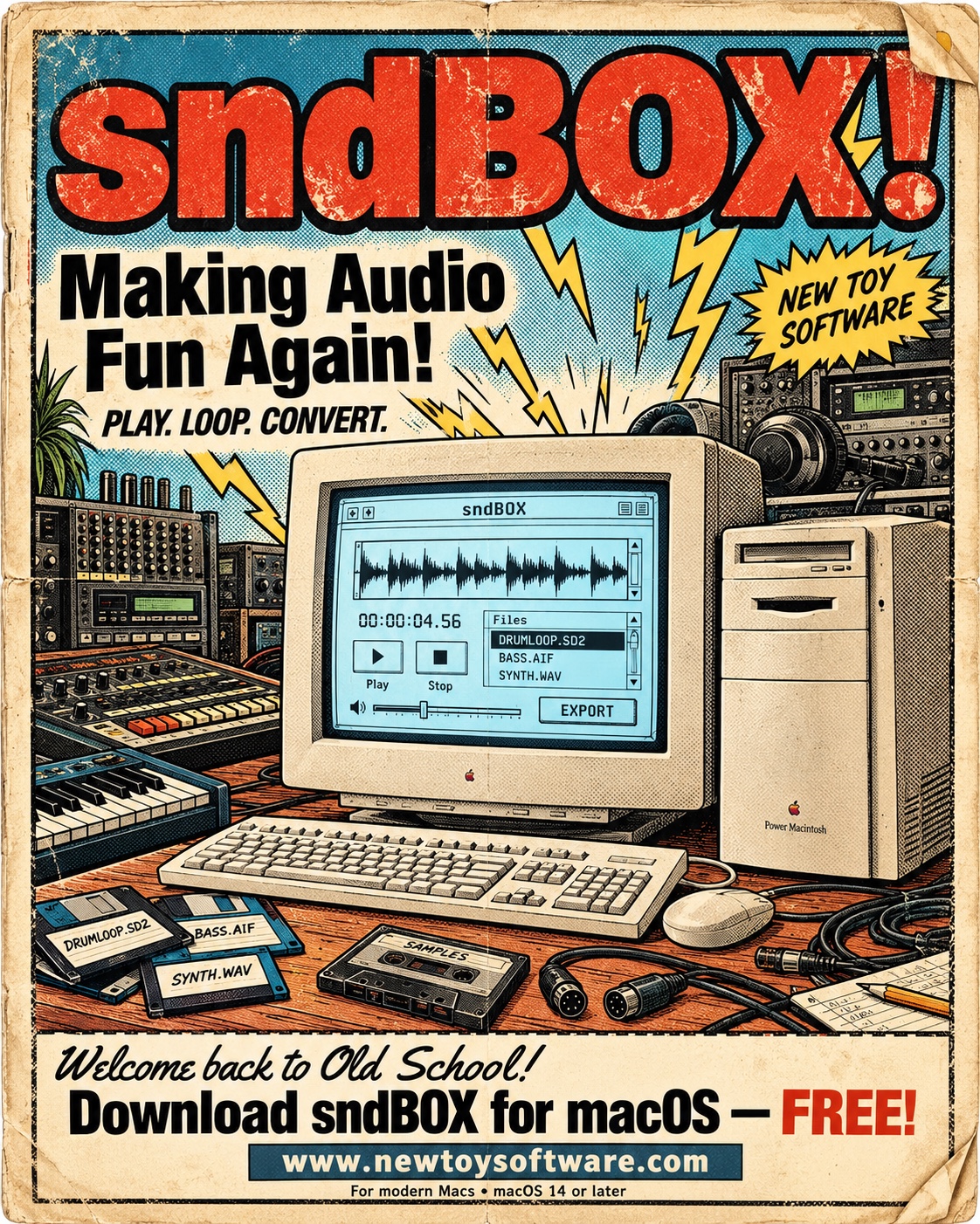 Retro sndBOX advertisement: Making Audio Fun Again, with a Power Macintosh and music gear in a 1990s home studio.
