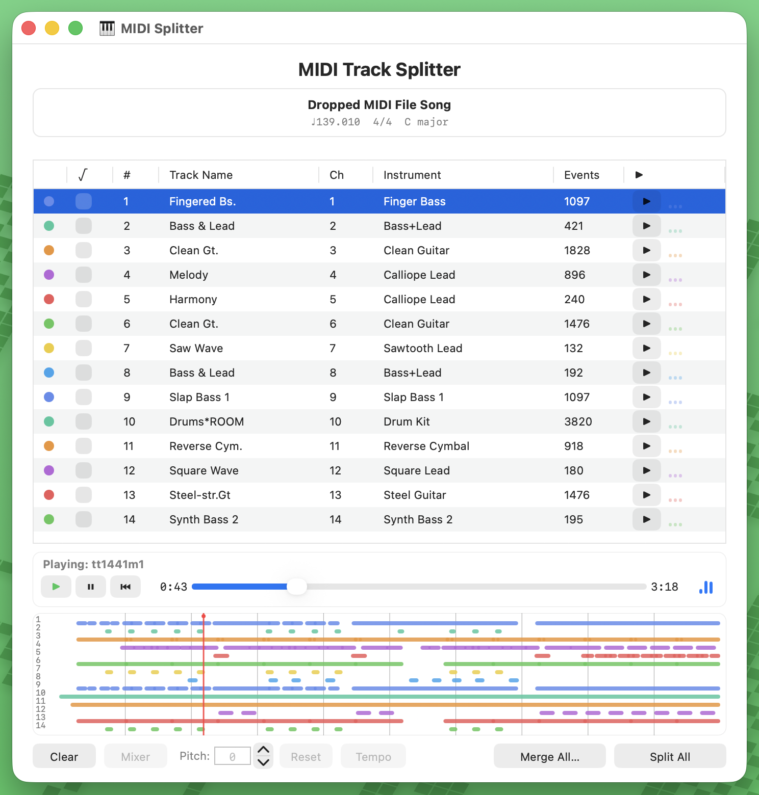 MIDISplitter main window showing a loaded MIDI file