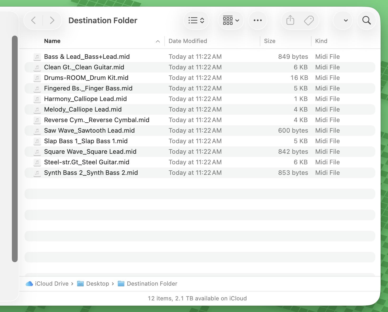 Finder window showing exported MIDI stems